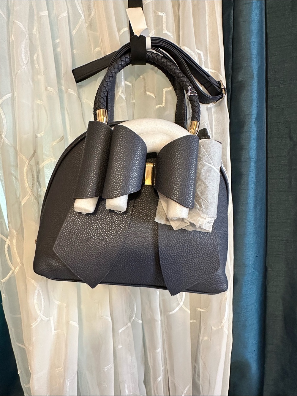 Crossi Stylish Blue Bow Handbag/Shoulder Bag with Gold Accents NWT